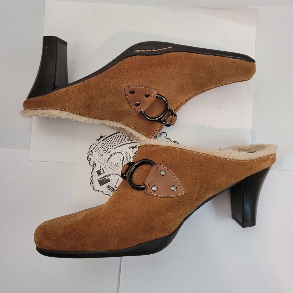 Aerosoles Cinchshearly Mules Women 9.5M Brown Suede Shearling Lined Block Heel - Picture 4 of 13